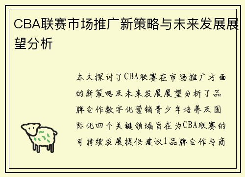 CBA联赛市场推广新策略与未来发展展望分析